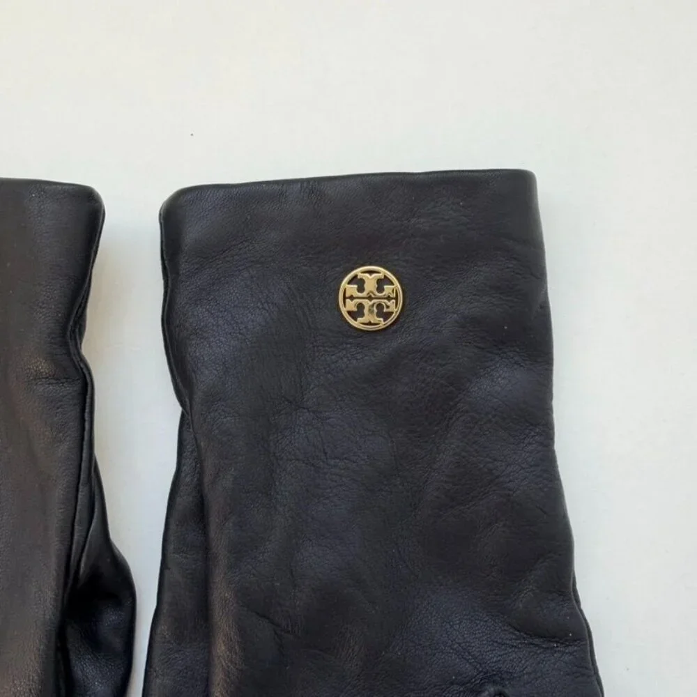 Tory Burch Black Leather Gloves with Gold Logo Hardware – One Size